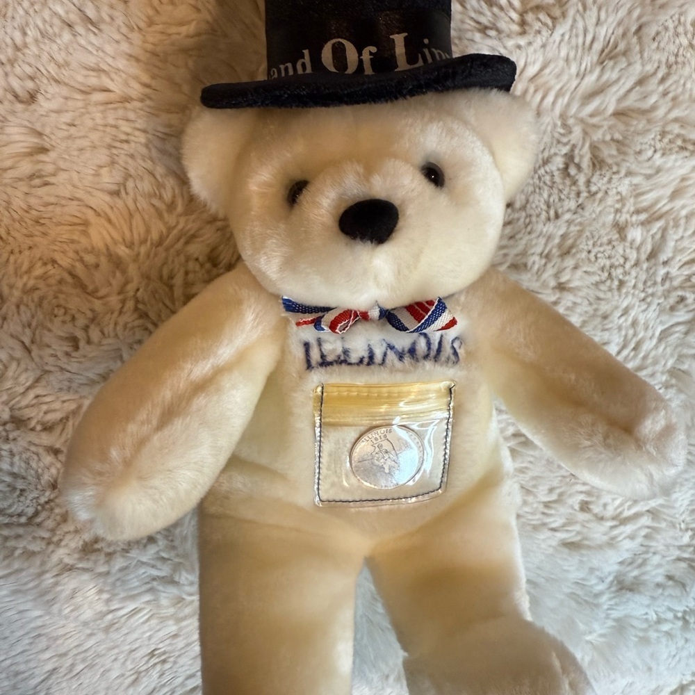 Collectible Cream Teddy Bear with Hat and Bow Tie ,land of linconln